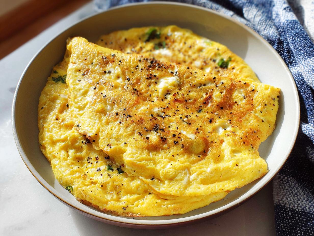 A close-up of a fluffy, golden-yellow omelette seasoned with black pepper, part of The Only Egg Recipes Recipe You’ll Need.