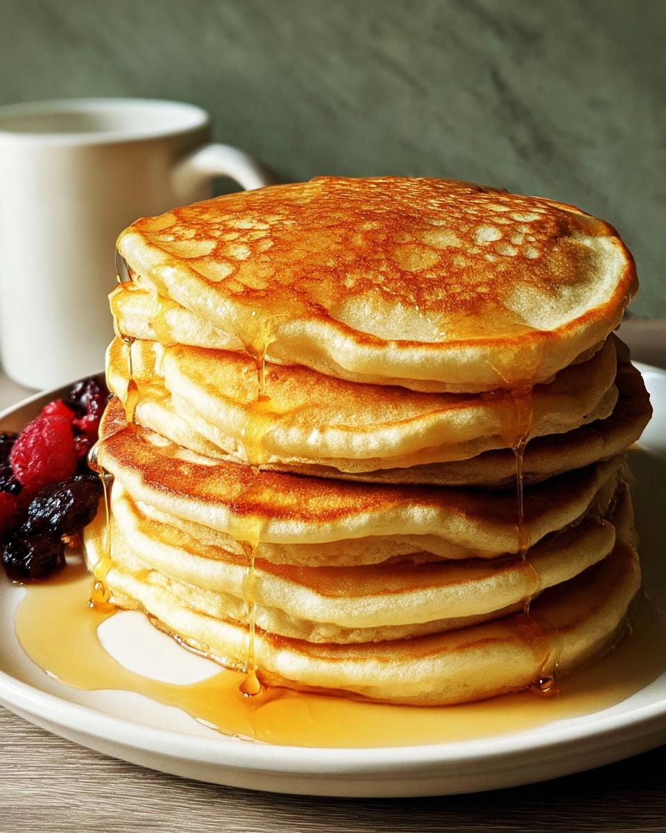 A stack of fluffy pancakes drizzled with syrup, served with berries, a classic breakfast idea.