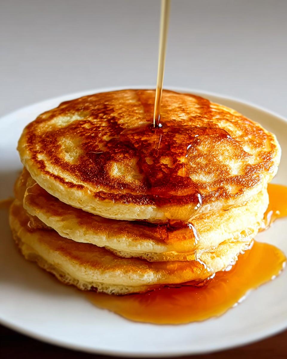 A stack of three fluffy pancakes being drizzled with golden maple syrup, a perfect breakfast idea.