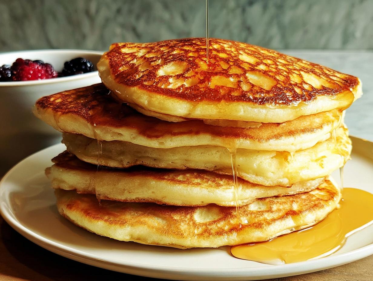 A stack of fluffy pancakes drizzled with syrup, with a bowl of berries in the background. A perfect breakfast idea.
