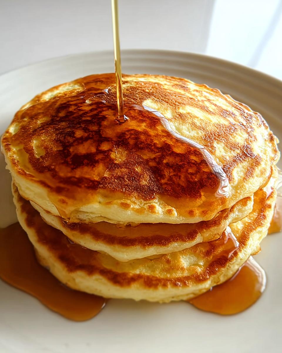 A stack of fluffy pancakes being drizzled with syrup, a perfect breakfast idea recipe.