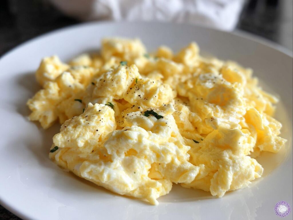 Close-up of fluffy scrambled eggs seasoned with black pepper and herbs on a white plate.
