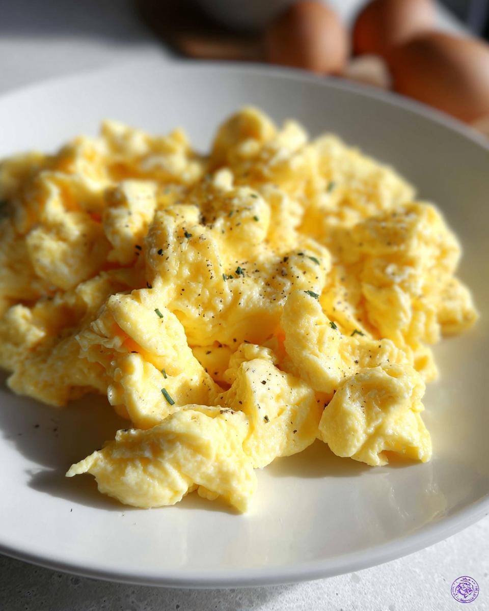 Close-up of fluffy scrambled eggs seasoned with pepper and herbs, a perfect egg recipe.