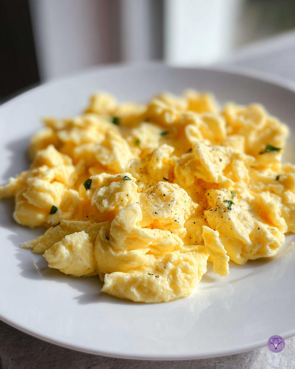 Perfectly fluffy scrambled eggs recipe, seasoned with black pepper and fresh herbs, served on a white plate.