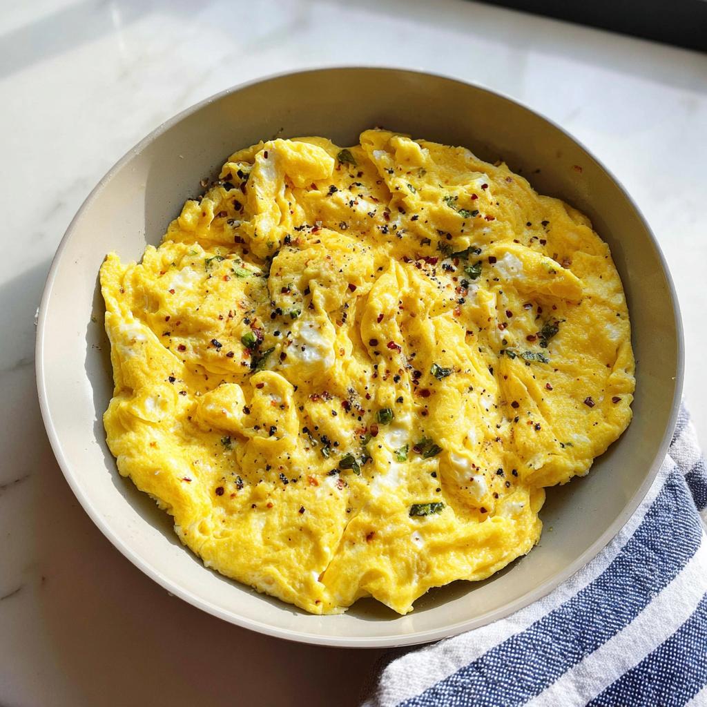 A close-up of fluffy scrambled eggs seasoned with herbs and spices in a bowl, part of The Only Egg Recipes Recipe You’ll Need (2025).