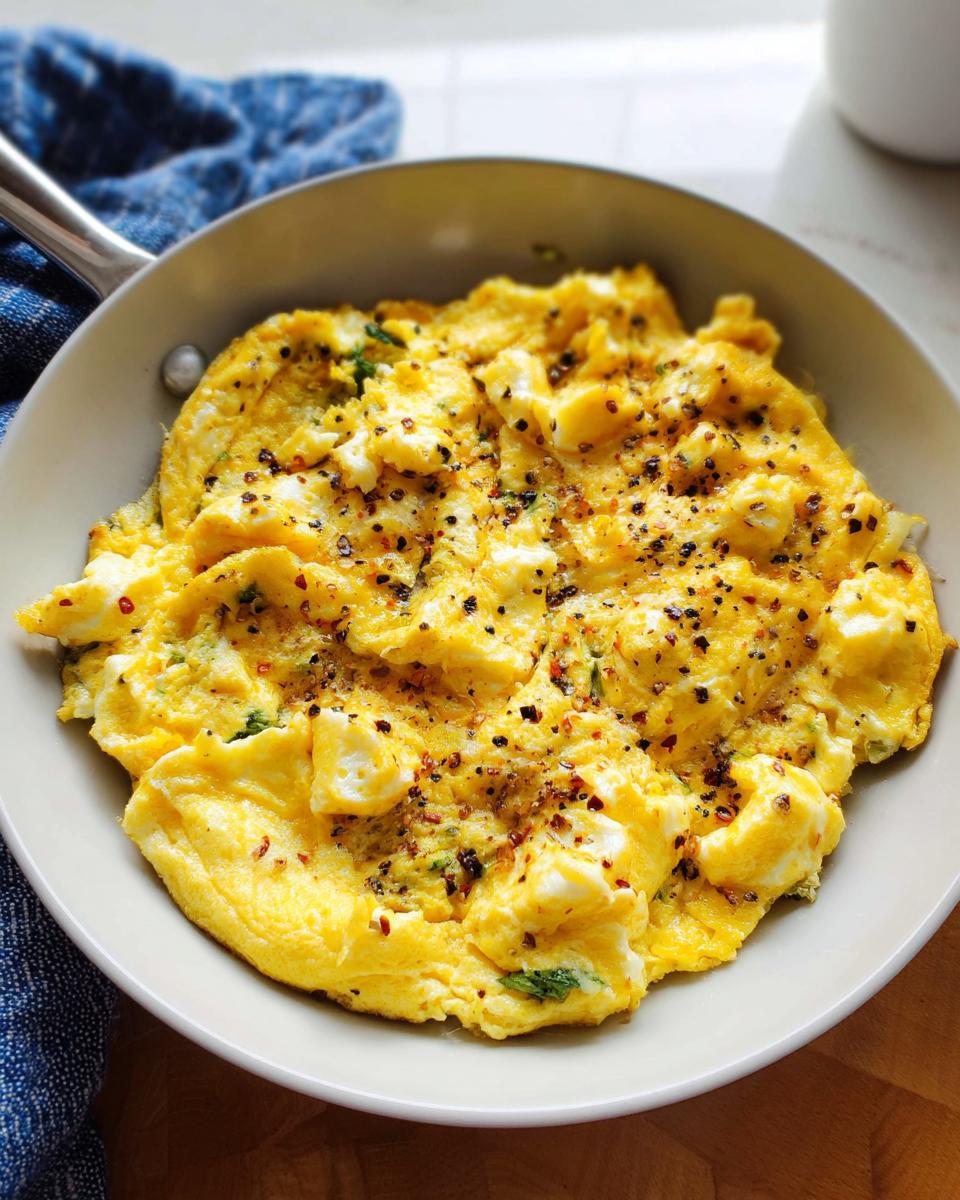 Close-up of fluffy scrambled eggs in a pan, seasoned with black pepper and chili flakes.
