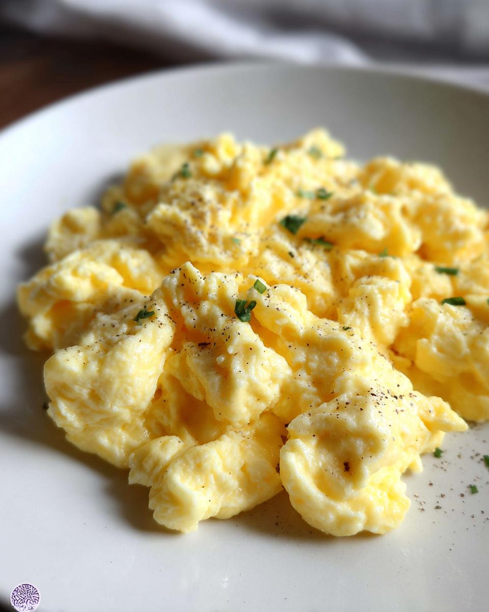 Close-up of fluffy scrambled eggs seasoned with pepper and herbs, a perfect egg recipe.