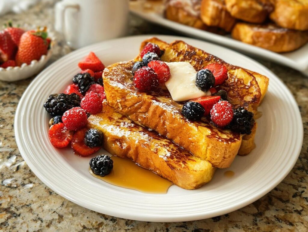 Golden brown French toast topped with fresh berries and a dollop of butter, perfect for quick breakfast ideas recipes in 20 minutes.