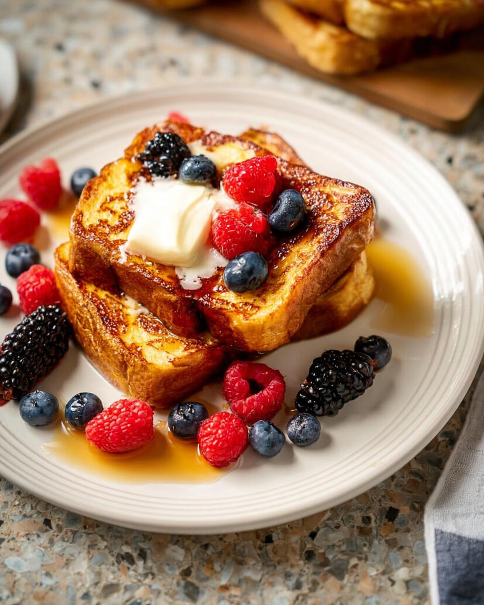 Golden brown French toast topped with butter and fresh berries, served with syrup. A perfect breakfast idea.