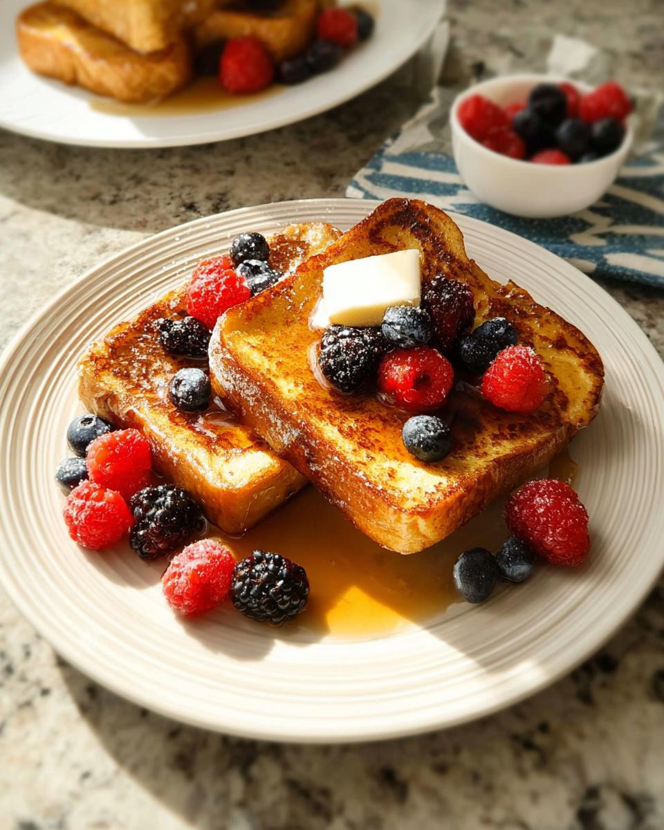 Two slices of golden-brown French toast topped with butter, fresh berries, and syrup, part of quick breakfast ideas recipes.