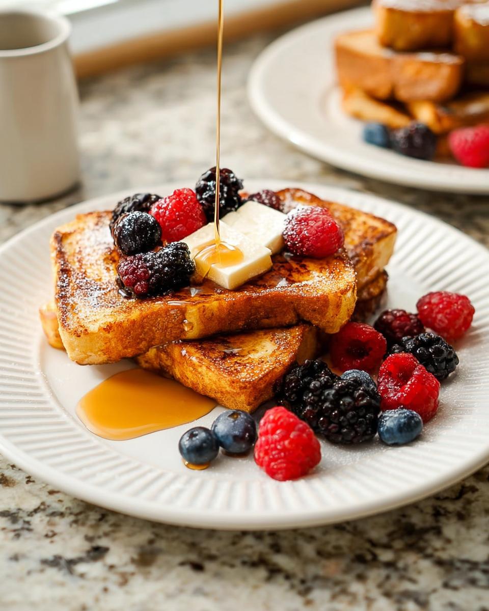 Stack of golden brown French toast topped with butter, fresh berries, and a drizzle of syrup. Part of Breakfast Ideas Recipes in 20 Minutes.