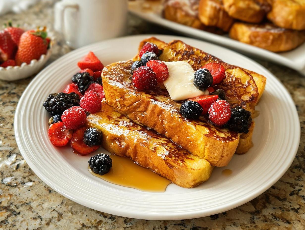 Golden brown French toast topped with fresh berries and a dollop of butter, perfect for quick breakfast ideas recipes in 20 minutes.