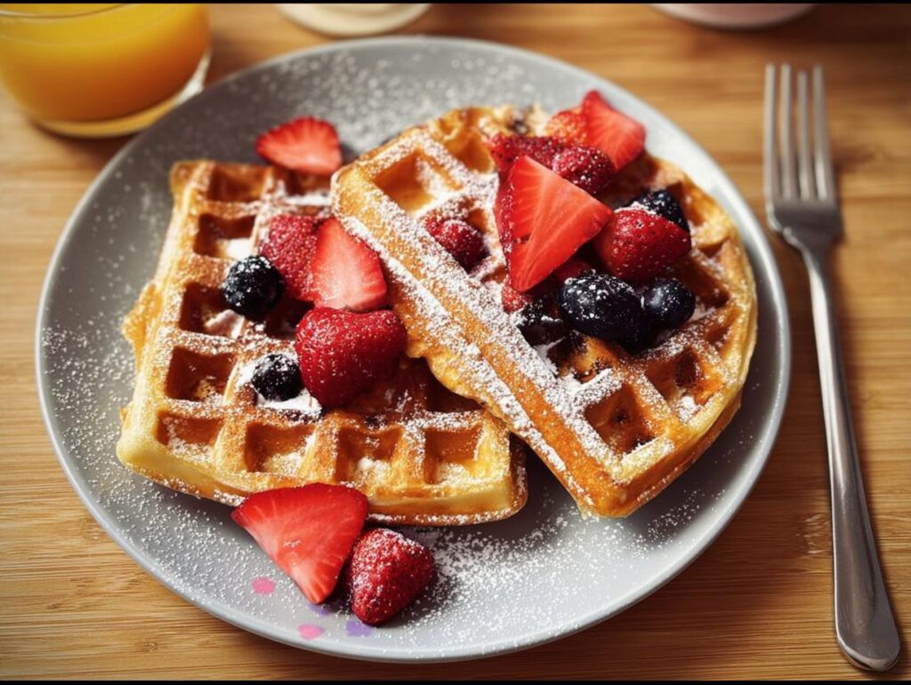 Two golden waffles topped with fresh strawberries and blueberries, dusted with powdered sugar. A perfect breakfast idea recipe.