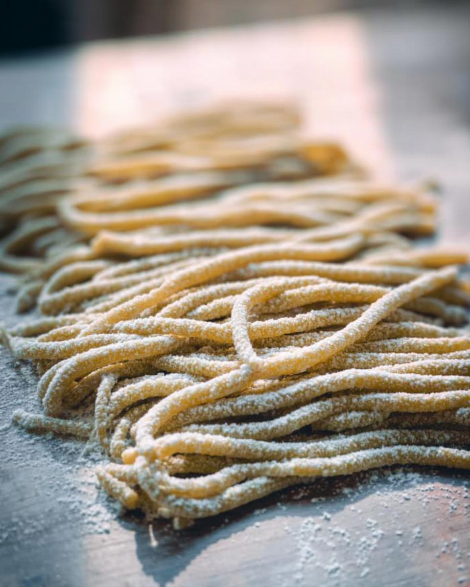 Close-up of freshly made pasta strands dusted with flour, ready for pasta recipes.