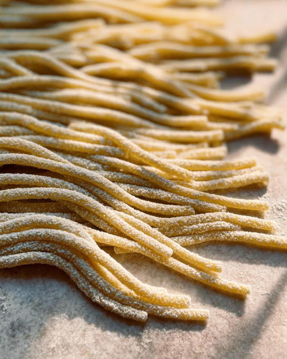 Close-up of freshly made pasta strands, dusted with flour, ready for pasta recipes.