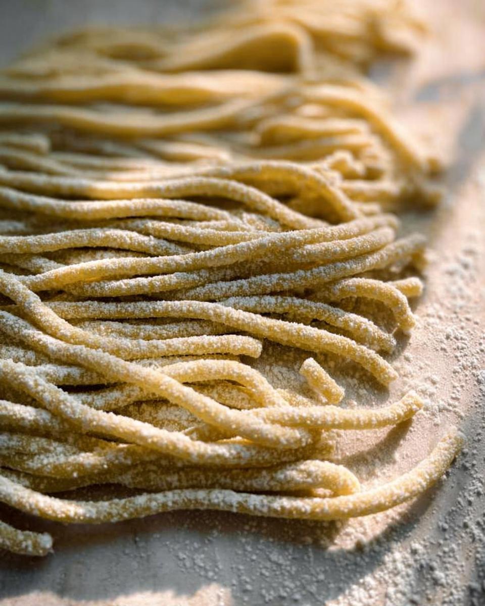 Close-up of freshly made pasta strands dusted with flour, ready for pasta recipes.