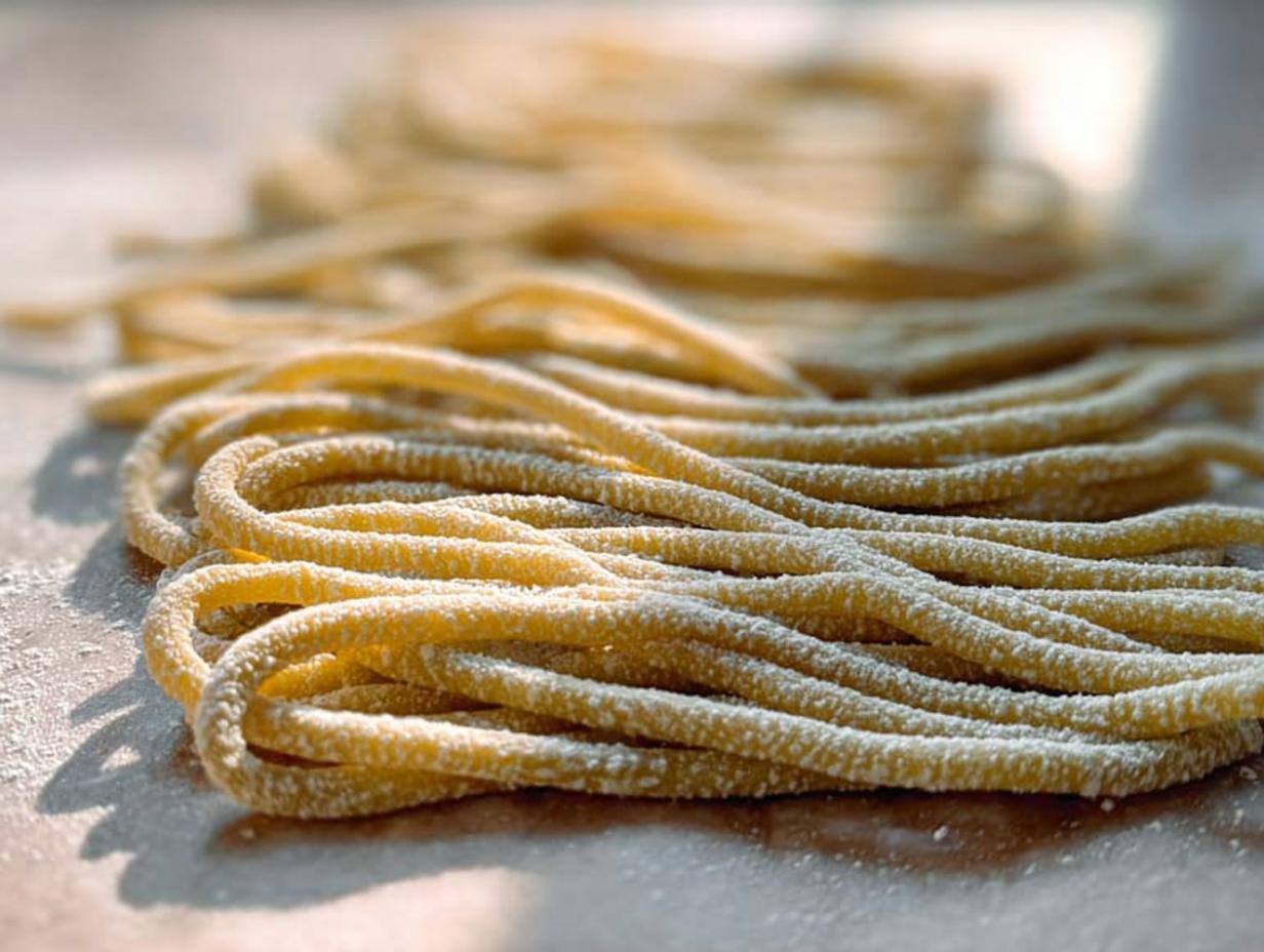 Close-up of freshly made pasta strands dusted with flour, ready for pro pasta recipes.