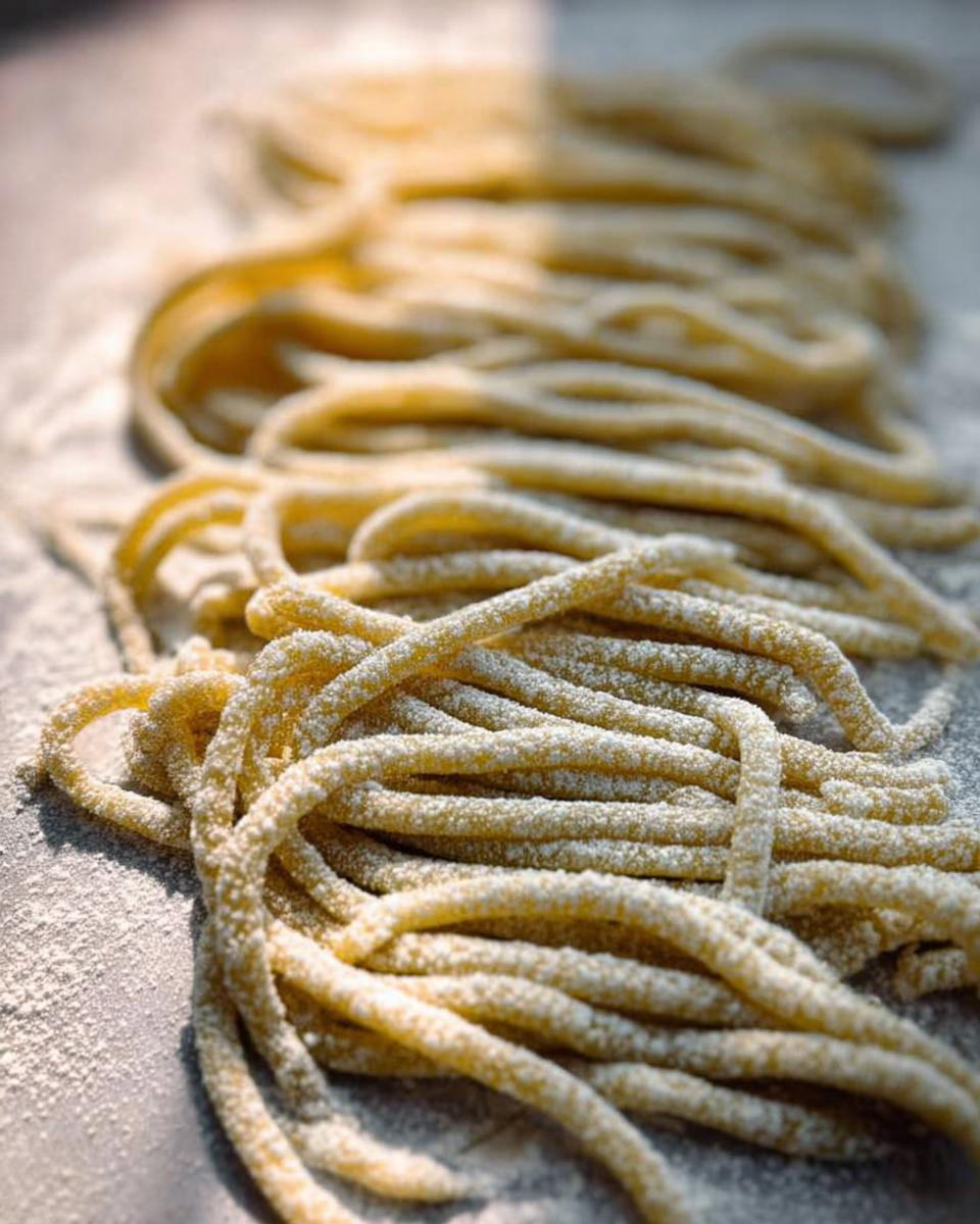 Close-up of thick, fresh pasta strands dusted with flour, ready for pasta recipes.