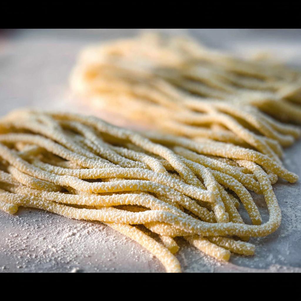 Close-up of freshly made pasta strands dusted with flour, ready for amazing pasta recipes.