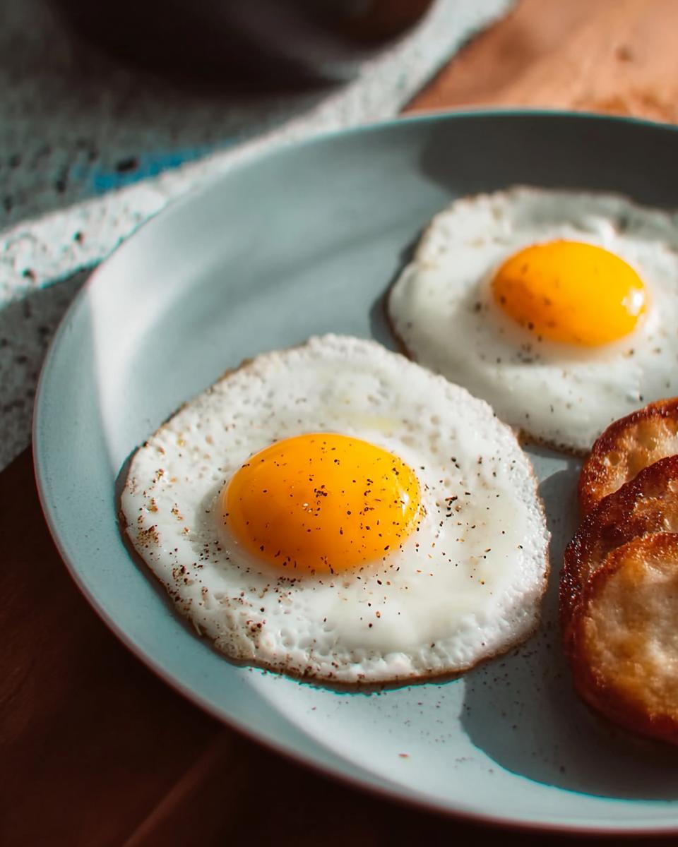 Two perfectly fried eggs with runny yolks, seasoned with pepper, served with hash browns.