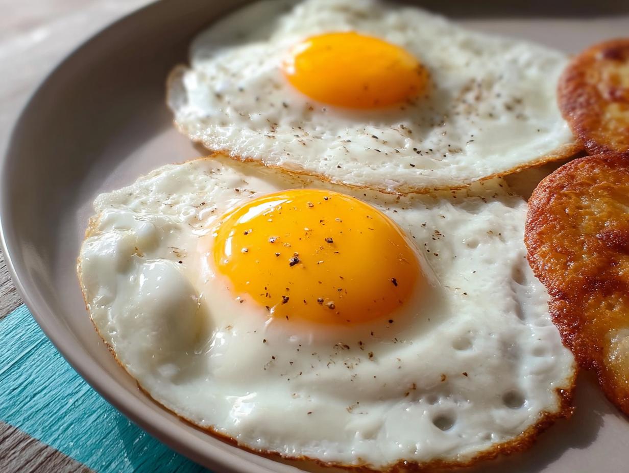 Two perfectly fried eggs with runny yolks, seasoned with pepper, served with hash browns.