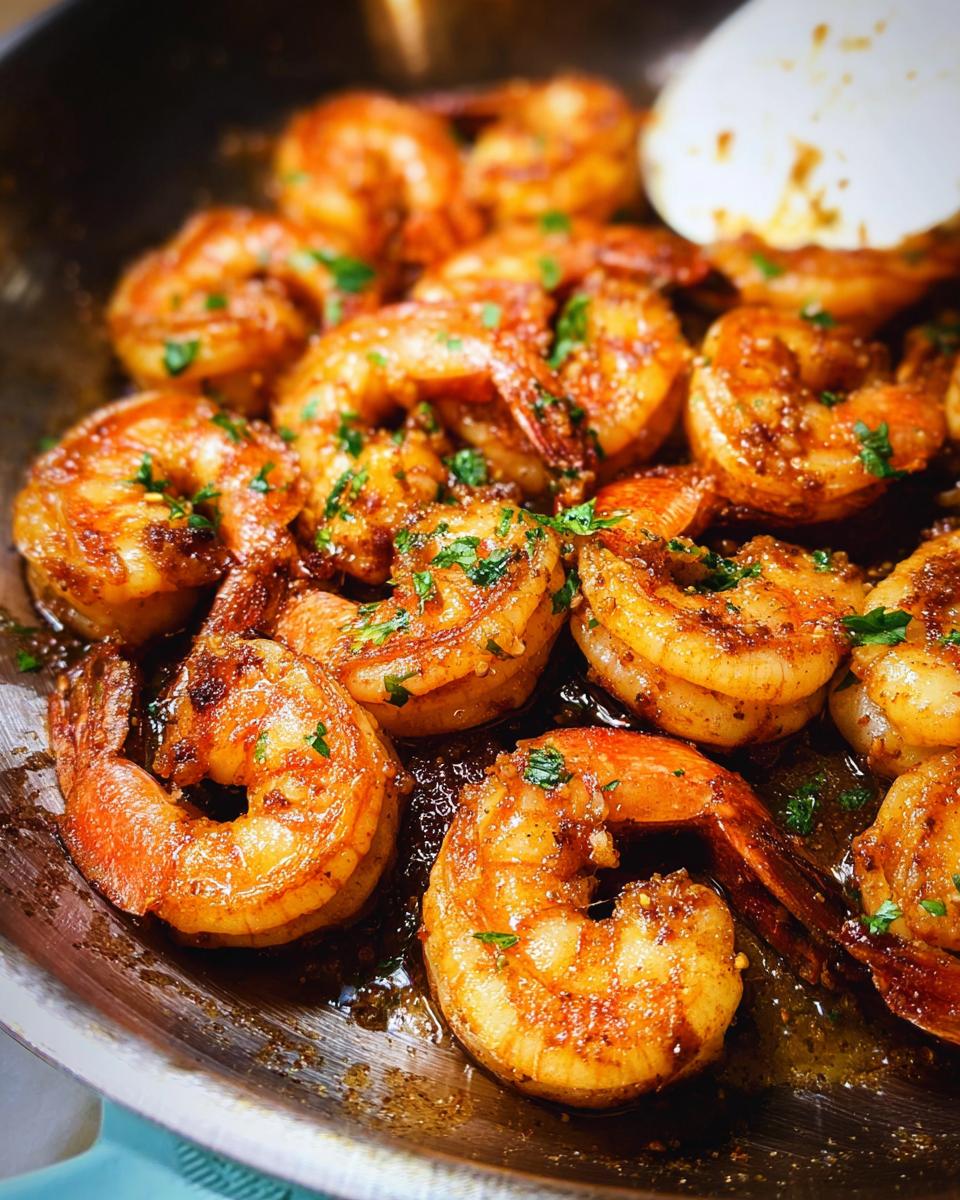 Close-up of perfectly cooked garlic butter shrimp, seasoned and garnished with parsley, ready to be served.
