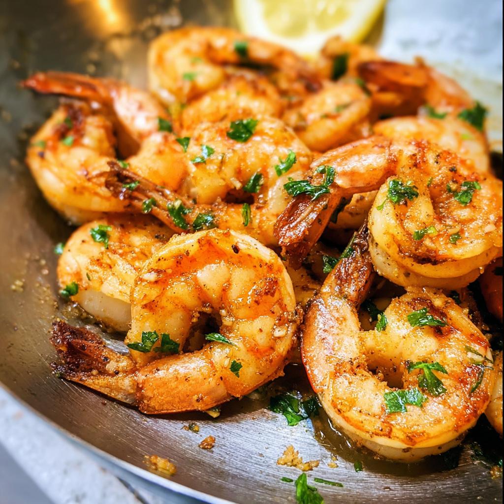 Close-up of perfectly cooked garlic butter shrimp, garnished with fresh parsley, a beginner-friendly shrimp recipe.