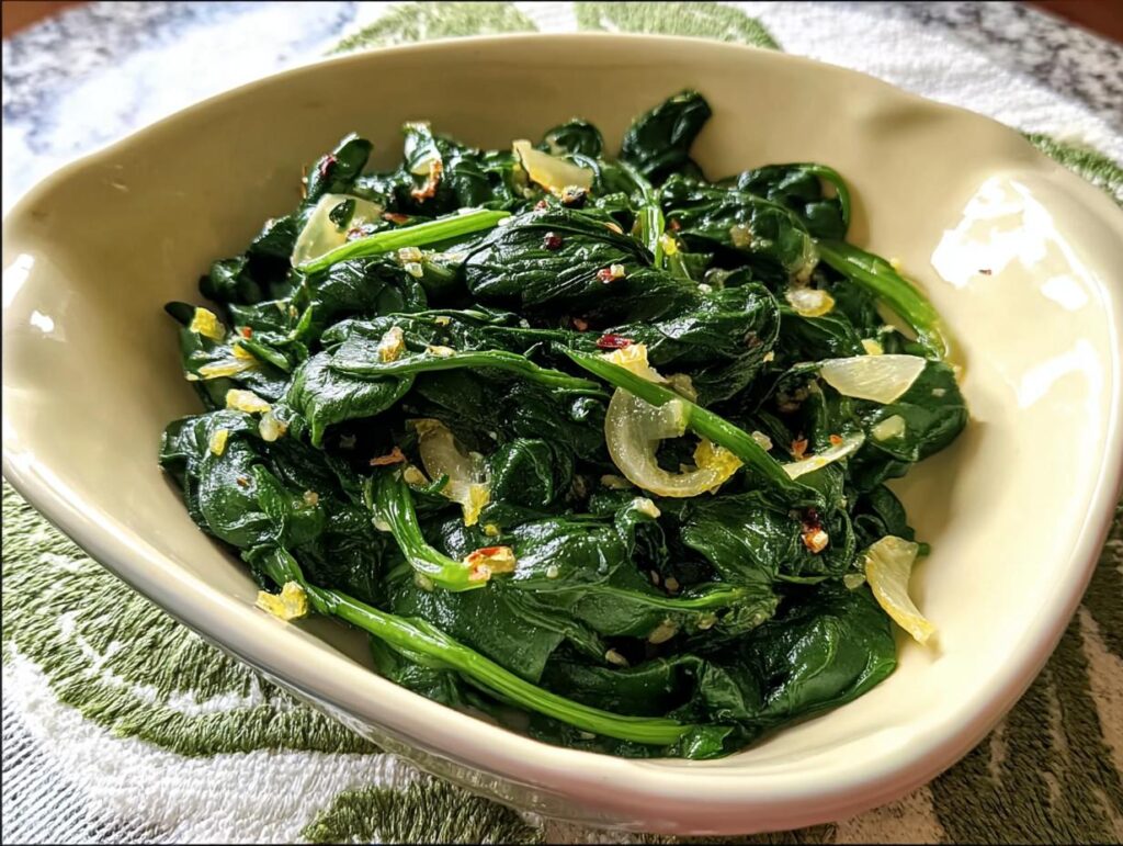 A close-up of a bowl filled with sautéed spinach, garlic, and red pepper flakes, part of the 20-Ingredient Veggie Sides Recipes.