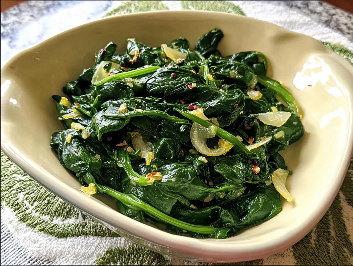 A close-up of a bowl filled with sautéed spinach, garlic, and red pepper flakes, part of the 20-Ingredient Veggie Sides Recipes.