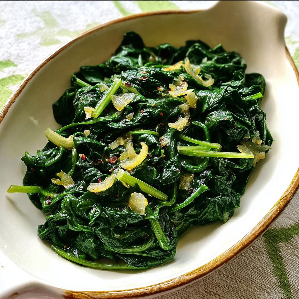 Close-up of garlicky sautéed spinach with chili flakes and lemon zest, a perfect example of 20-Ingredient Veggie Sides Recipes.