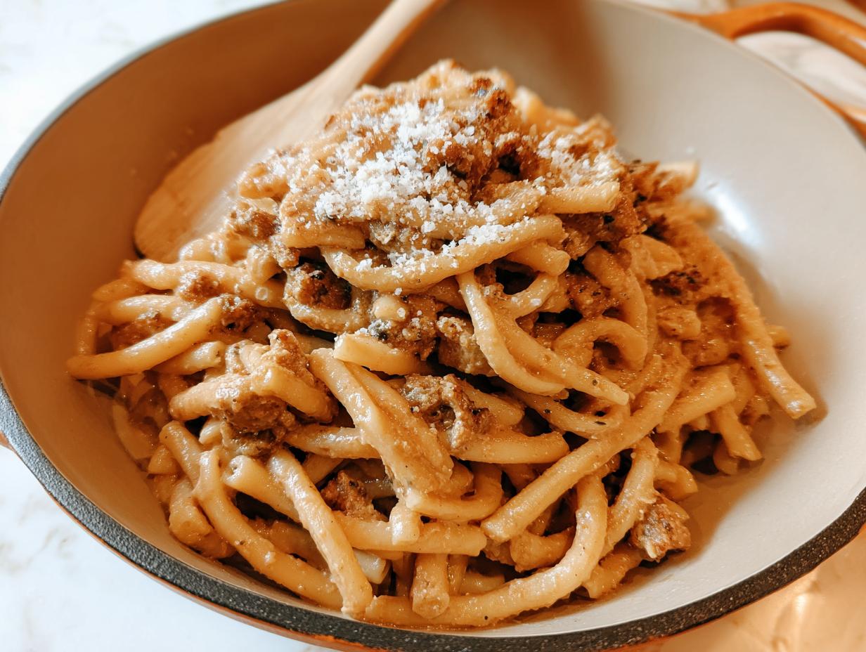 Close-up of a bowl of thick pasta with a rich sauce and crumbled meat, topped with grated cheese. One of 20 genius pasta recipes ideas for busy weeknights.