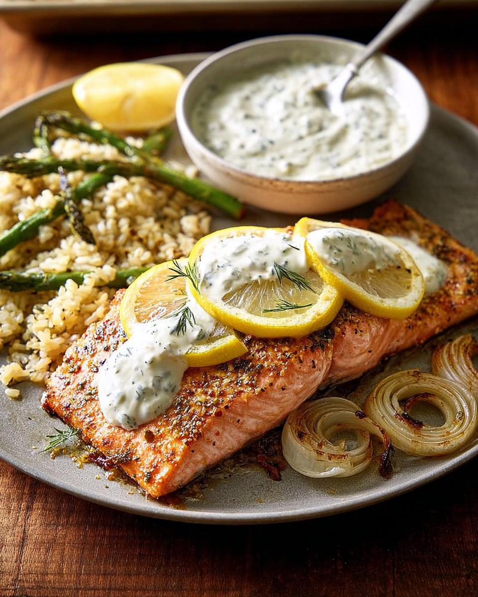 A perfectly cooked salmon fillet topped with lemon slices and dill sauce, served with rice, asparagus, and grilled onions.