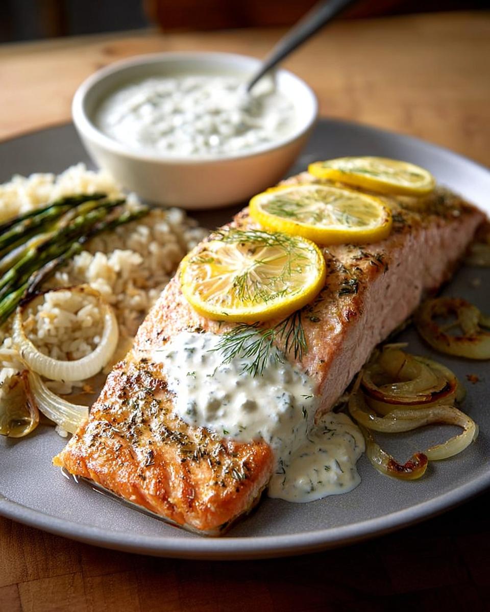 A perfectly cooked salmon fillet topped with lemon slices and dill, served with rice, asparagus, and a creamy sauce. A great salmon recipe for busy weeknights.