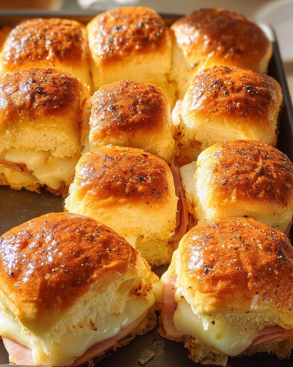 Close-up of baked ham and cheese sliders, a perfect idea for busy weeknights.