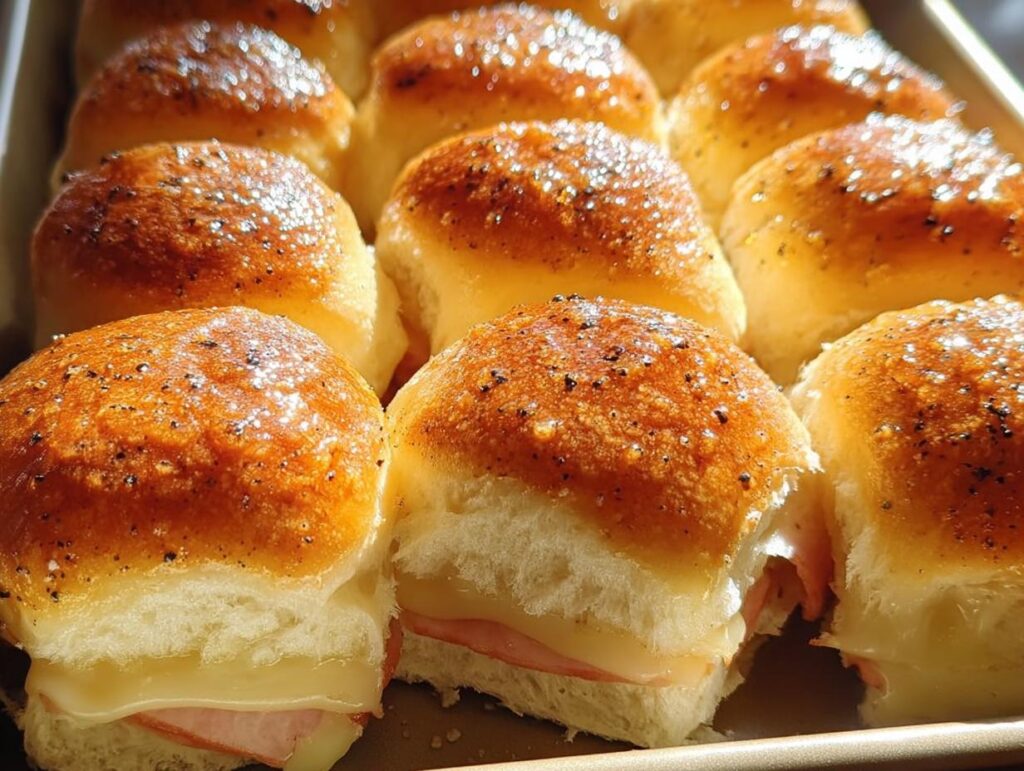 Close-up of golden-brown ham and cheese sliders, sprinkled with black pepper, ready to eat.