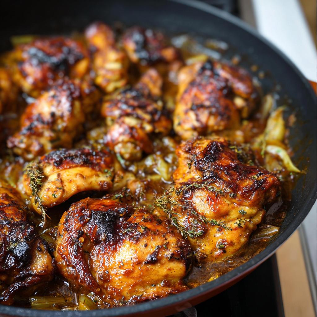 Close-up of perfectly cooked, glazed chicken pieces with herbs in a skillet, part of the best chicken recipes.