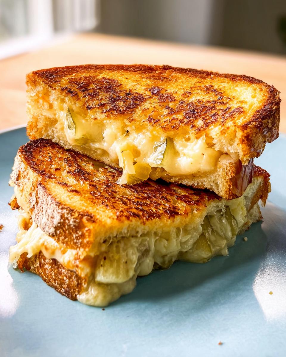 A close-up of a perfectly grilled cheese sandwich, oozing with melted cheese and visible pickle slices.