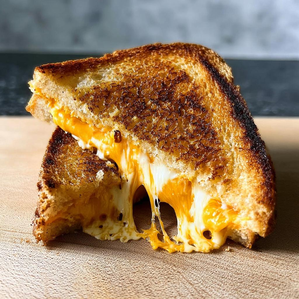 A perfectly grilled cheese sandwich with melted, gooey cheese oozing out.