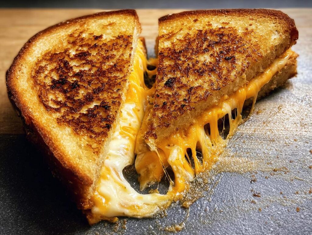 A perfectly grilled cheese sandwich, cut in half, with melted cheese oozing out.