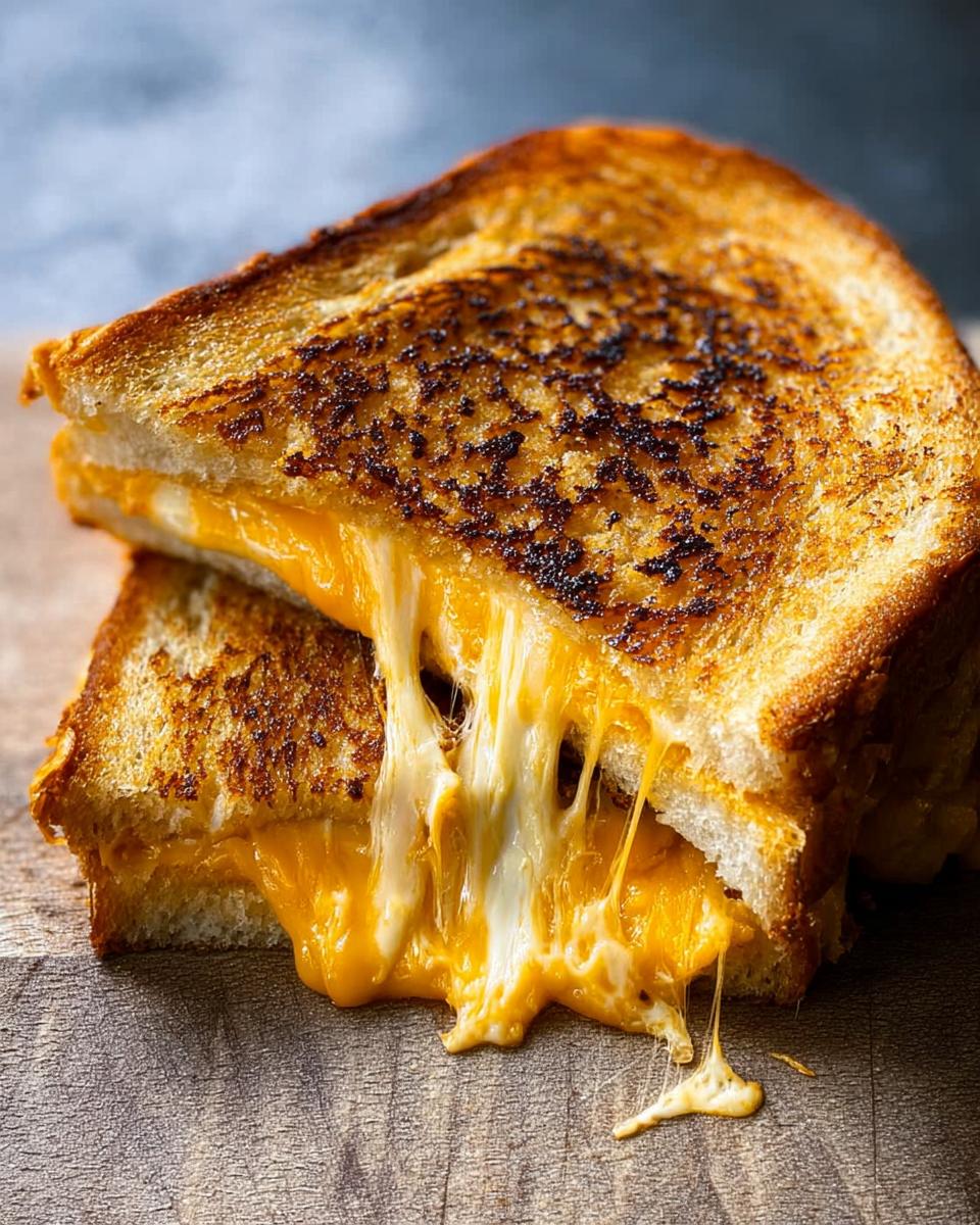A close-up of a perfectly grilled cheese recipe sandwich, with melted cheese oozing out.