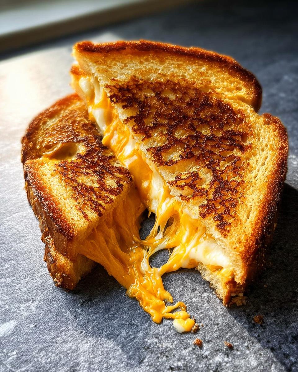 A perfectly grilled cheese sandwich with melted cheese oozing out, showcasing the best grilled cheese recipe.