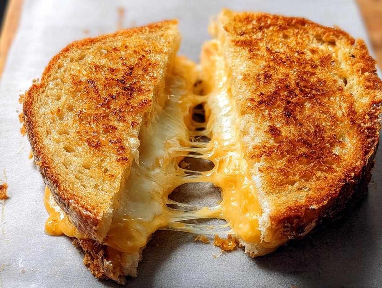 A perfectly grilled cheese sandwich, cut in half, with strings of melted cheese stretching between the pieces.