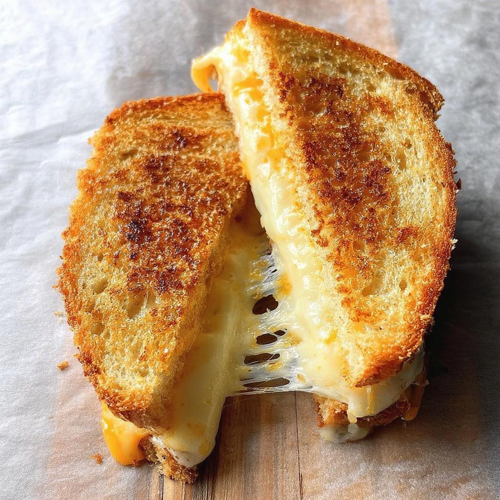 A classic grilled cheese sandwich, cut in half, with melted cheese stretching between the slices.