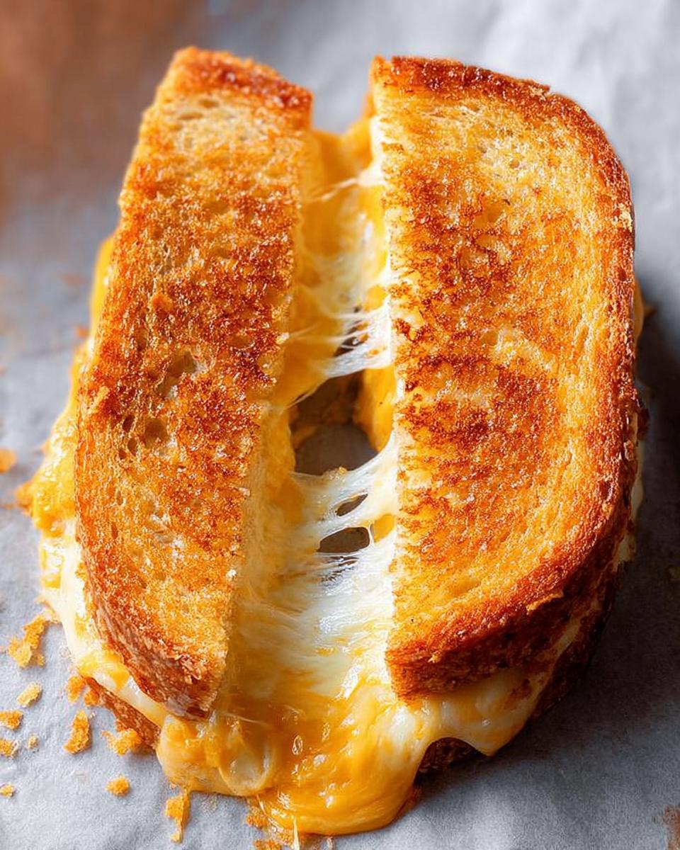 A close-up of a perfectly grilled cheese sandwich, split in half, with melted cheese oozing out.