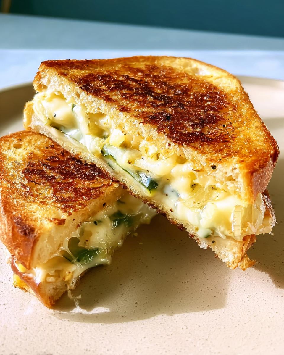 A perfectly grilled cheese sandwich, cut in half, revealing melted cheese and green herbs inside.