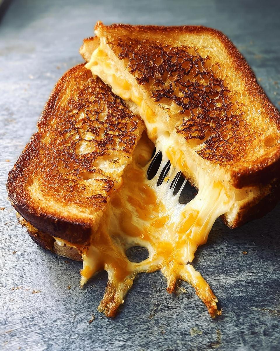 A perfectly grilled cheese sandwich, cut in half, with strings of melted cheese stretching between the pieces.