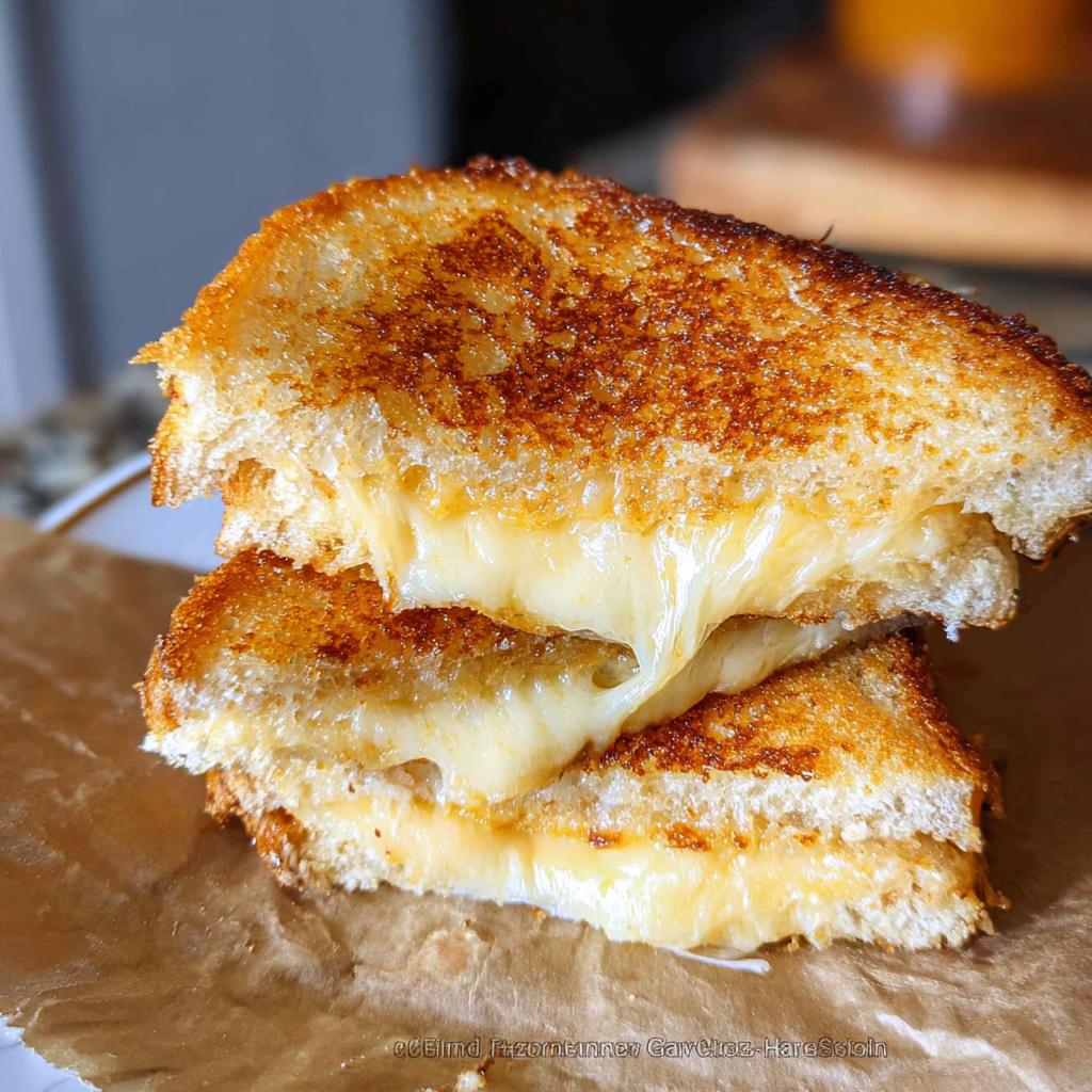 Close-up of a perfectly golden-brown grilled cheese sandwich, with gooey melted cheese oozing out.