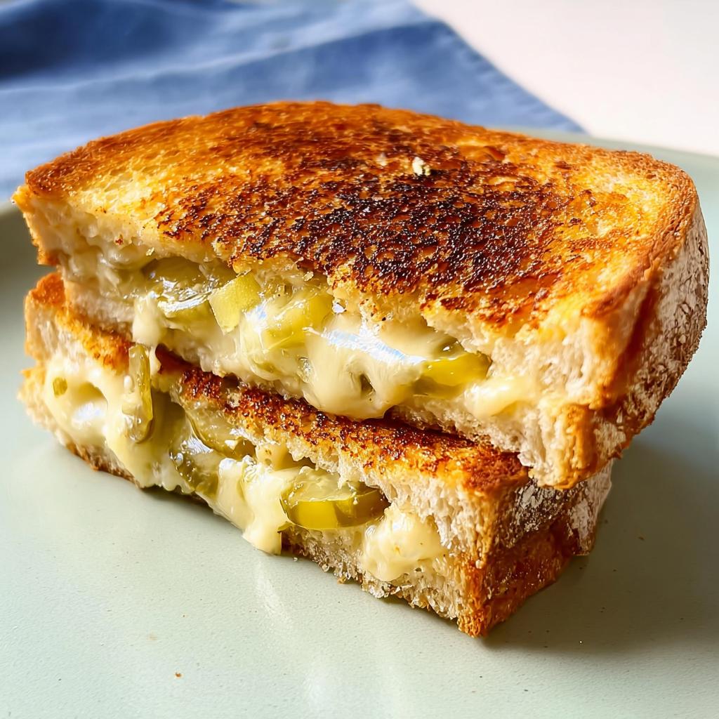 A perfectly grilled cheese sandwich cut in half, revealing melted cheese and pickle slices.