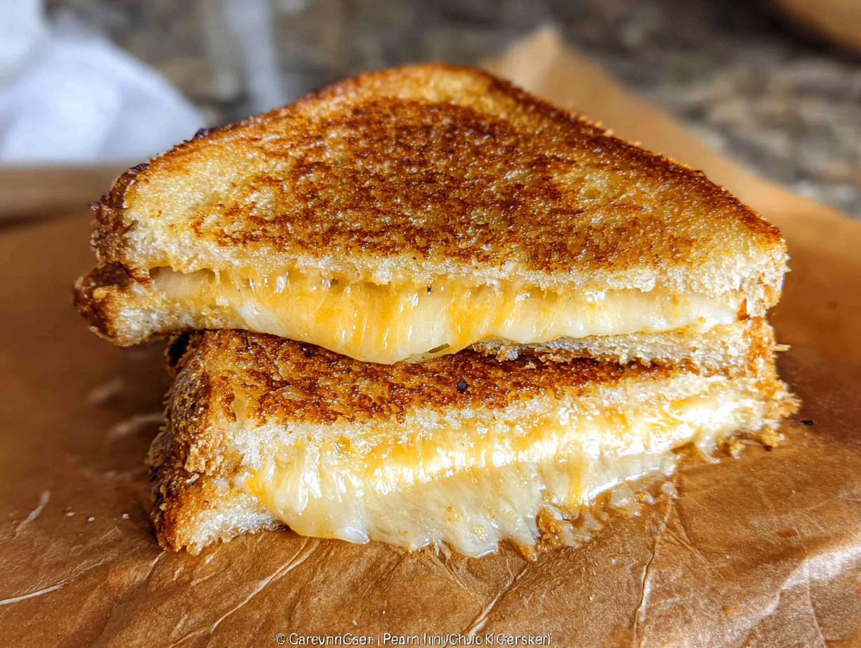 A perfectly golden-brown grilled cheese sandwich, cut in half, with melted cheese oozing out. Featured in our 12-minute grilled cheese recipes.