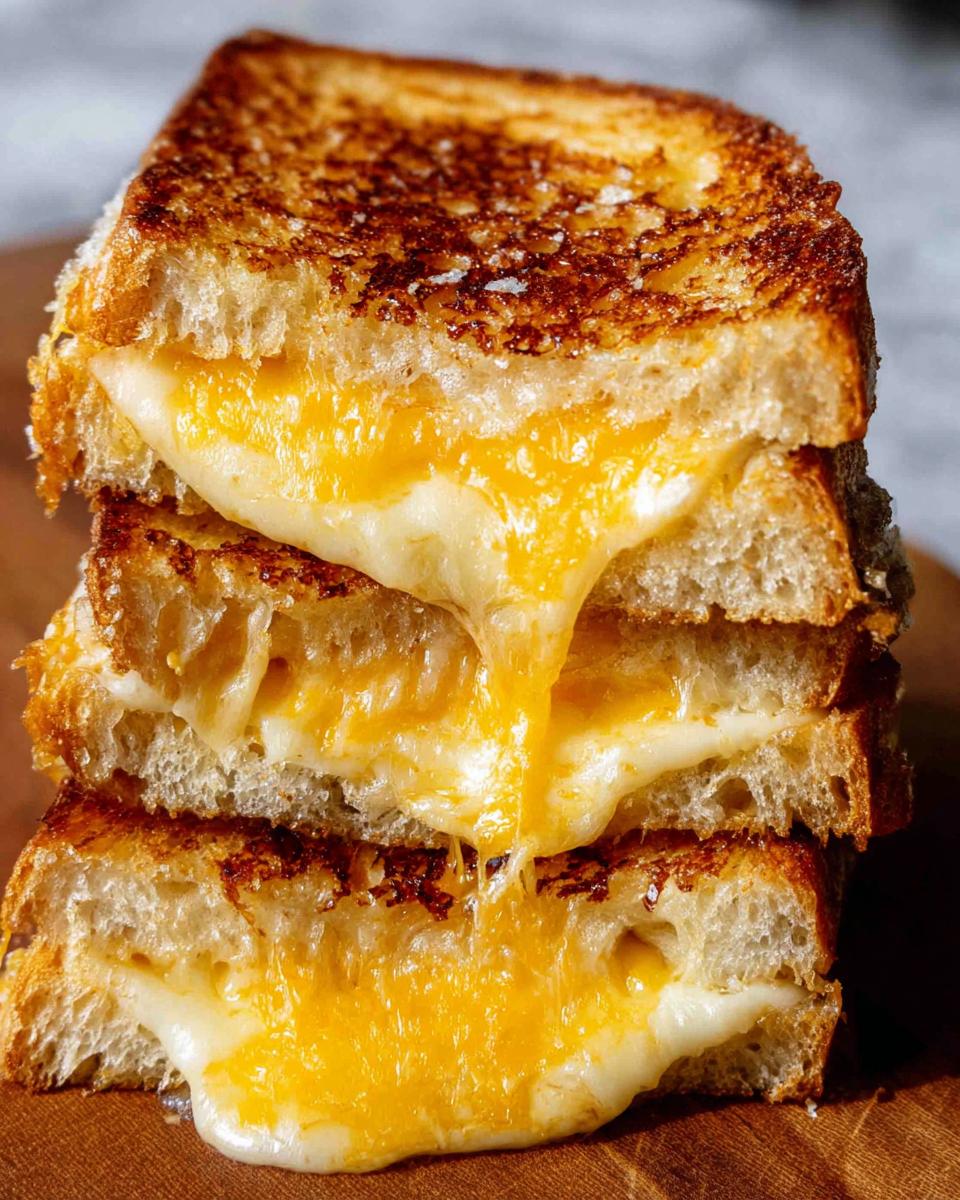 Stack of three golden-brown grilled cheese sandwiches with gooey melted cheese oozing out.